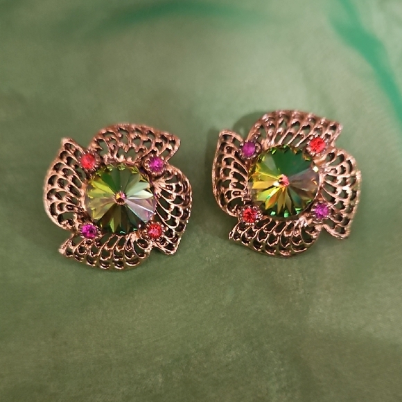 Vintage Watermelon Rivoli Clip Earrings - Picture 2 of 5